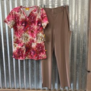 Women’s Scrub Set-Print Top-Driftwood Scrub Pants-XS/XS Regular Length Pants